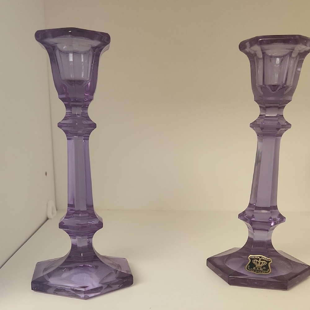 Vtg Amythest Glass E&R Elegant Purple Glass Candle Holders